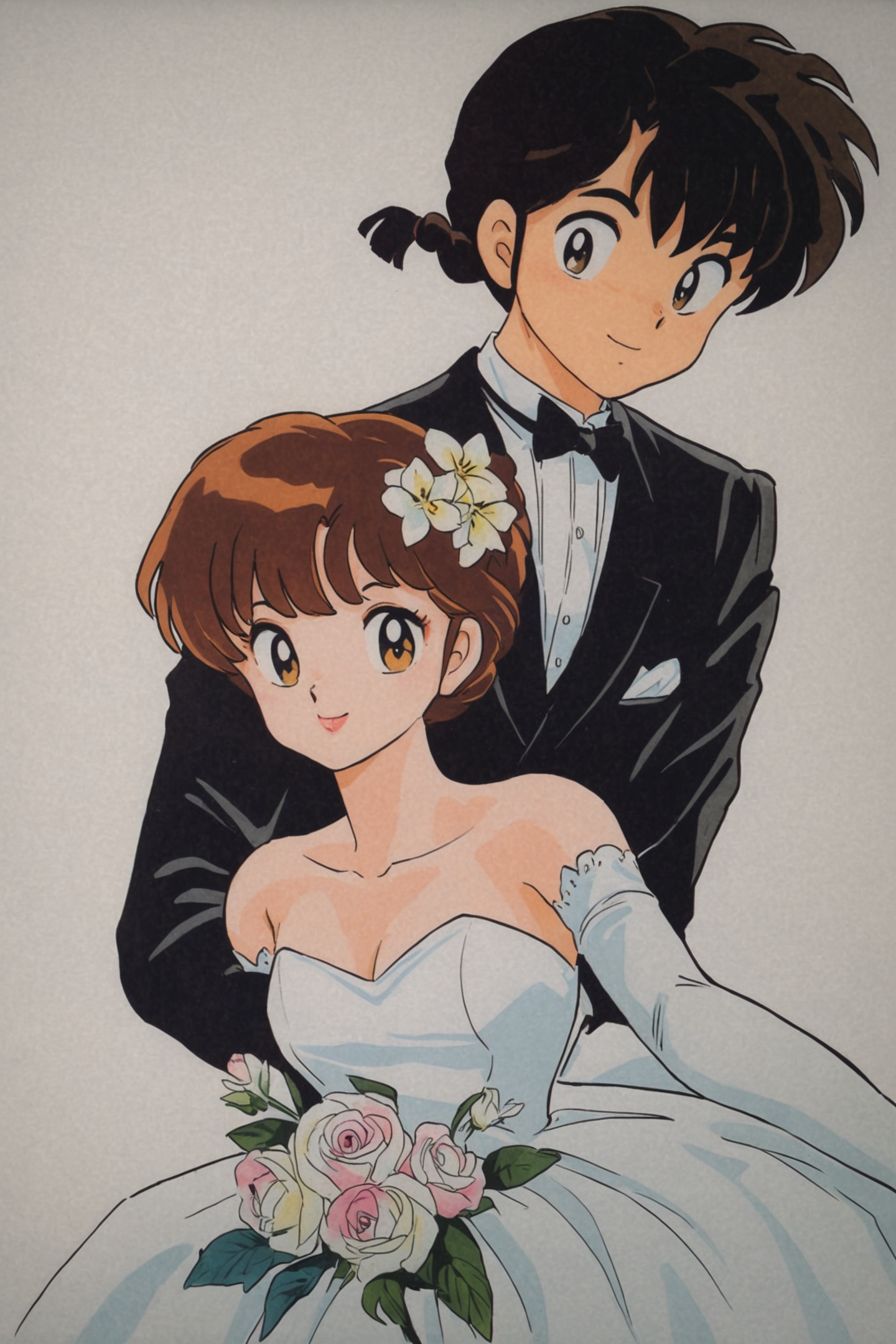 29189-1363017775-1girl, 1boy, dress, braid, flower, black hair, tuxedo, hetero, couple, bowtie, wedding dress, formal, retro artstyle, gloves, el.png